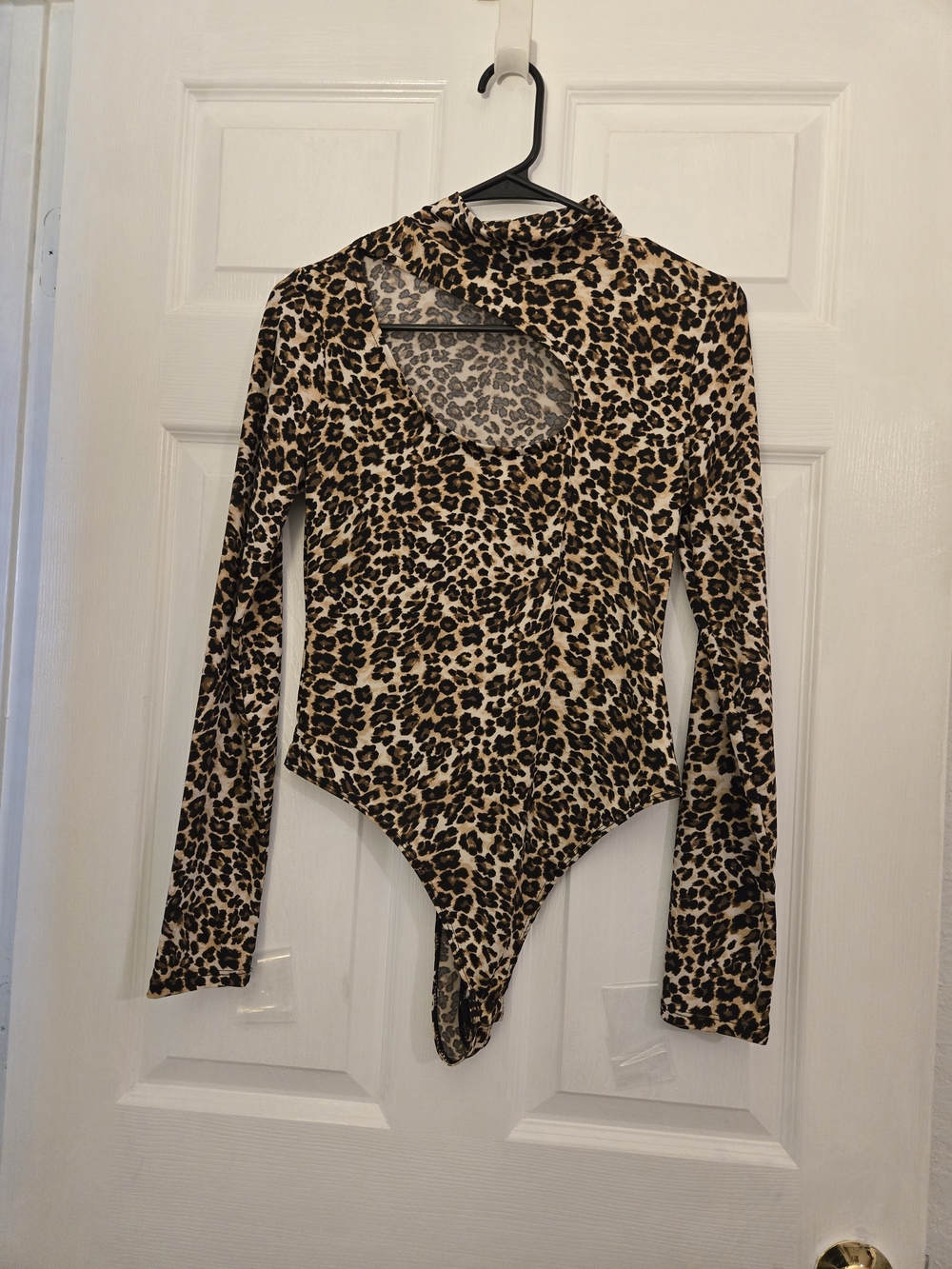Haute Monde Leopard Print Cutout Long Sleeve Bodysuit - Beige Black Brown